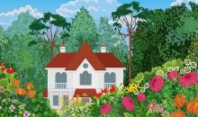 Illustration mit einem Haus mit vielen Blumen und Bäumen vor einem blauen Himmel | Nebenkosten beim Immobilienkauf