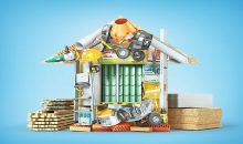 Collage von Baumaterial und Werkzeugen die zusammen ein Haus ergeben - Sachwertverfahren Immobilienbewertung